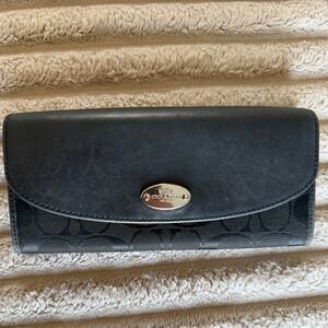 Coach Black Signature Jacquard and Leather Slim Envelope Flap Wallet Silver Logo